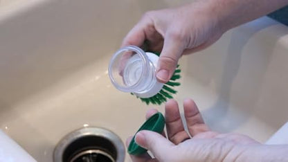 Soap Dispensing Palm Scrub Brush - Made in The USA - Heavy Duty Kitchen Dish Scrubber with Ergonomic Non-Slip Grip for Dishes, Pots, Pans, and Sink Cleaning