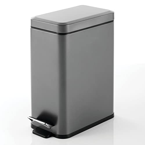 mDesign Pedal Bin — Waste Bin with Pedal, Lid and Plastic Bucket Insert for Bathroom, Kitchen, and Office — Metal Household Rubbish Bin with Ergonomic Design — Dark Grey - color: Graphite Gray, size: 2.6 Gallon