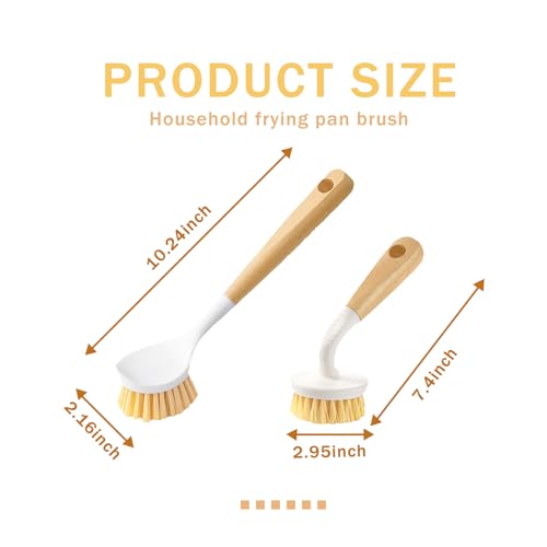 Dish Brush with Handle, Long and Short Handle Kitchen Scrub Brushes with Tough Bristles, Natural Dish Scrubber Brush for Dishes, Pans, Pots and Kitchen Sink Cleaning, 2 Pack White