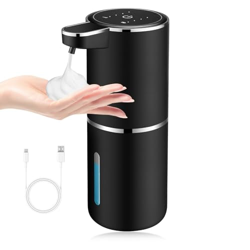 Automatic Foaming Soap Dispenser,Touchless Soap Dispenser with 4 Adjustable Foam Levels,Wall Mounted and USB Rechargeable,12.8oz Large Capacity for Bathroom,Kitchen Sink,Dish Soap(Black)
