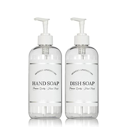 Clear Refillable Hand and Dish Soap Dispenser Set with Pumps for Kitchen Sink - PET Plastic Soap Bottles Refillable with Pump - Waterproof Labels - 16 oz, 2 Pack (White Plastic) - color: White Pumps