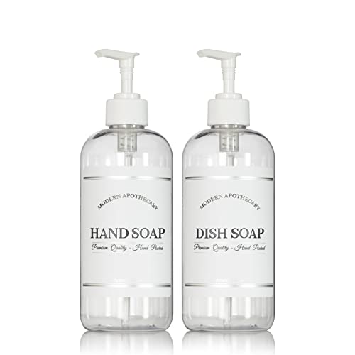 Clear Refillable Hand and Dish Soap Dispenser Set with Pumps for Kitchen Sink - PET Plastic Soap Bottles Refillable with Pump - Waterproof Labels - 16 oz, 2 Pack (White Plastic) - color: White Pumps