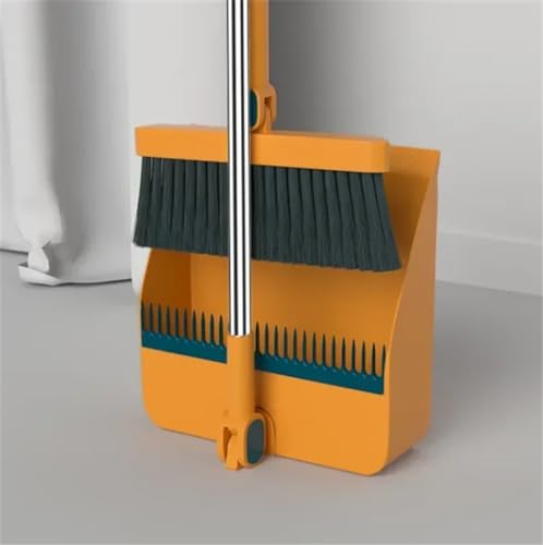 Dustpan and Brush Set Long Handle Up to 37 Inches Adjustable Foldable Broom Dustpan Combo 1set/2pcs Floor Cleaning Supplies Long Teeth Sweeping for Home, Kitchen, Room,Office Space Saving - color: Orange