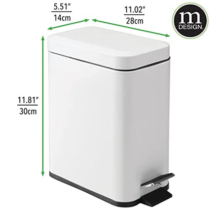mDesign 5 Liter Rectangular Small Steel Step Trash Can Wastebasket, Garbage Container Bin for Bathroom, Powder Room, Bedroom, Kitchen, Craft Room, Office - Removable Liner Bucket, Matte White - color: White, size: 1.3 Gallon
