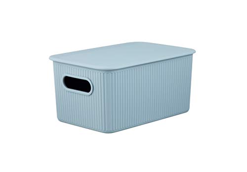 Decorative Plastic Basket Lidded Home Storage Bins Organizer Baskets, Medium Blue (1 Pack - 5 Liter) Stackable Container Box, for Organizing Closet Storage Bins for Shelves - Ribbed Collection - color: Blue, size: 5 L
