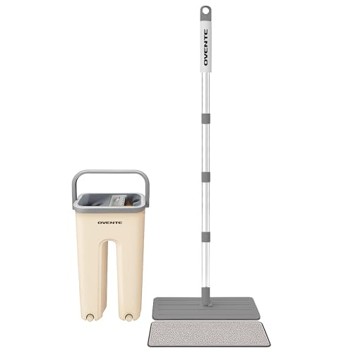 OVENTE Mop and Bucket with Wringer Set, Hands-Free Self-Cleaning Flat Floor Mop with Washable Microfiber Pad, Home Cleaner for Smooth Wall, Hardwood, Tile, Laminate and Glass Windows, Beige MBP32BGG