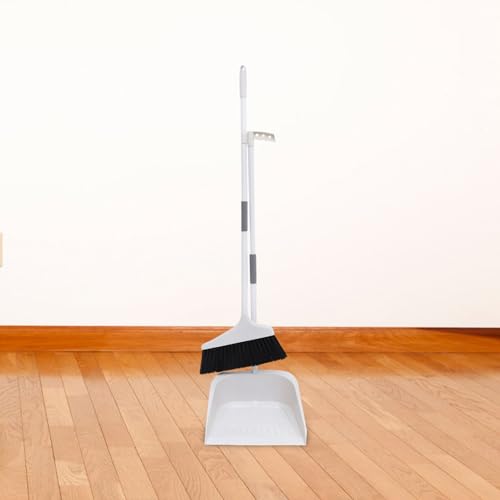 BESTonZON Broom and Dustpan Set Plastic Indoor Broom with Dust Pan Set Stand Up Dustpan Long Handle Angle Broom and Dust Pan Sweeping Broom for Home Floor Cleaning Tools White