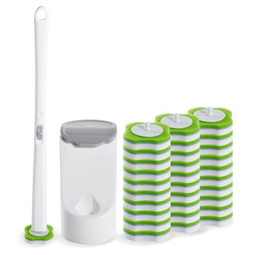 Magic Sponge Eraser Toilet Brush Set, Wall Mounted with 30 Refills | Disposable toilet brush with wall-mounted holder; 30 Magic Sponge Eraser wand refills; deep clean,easy replace,save space