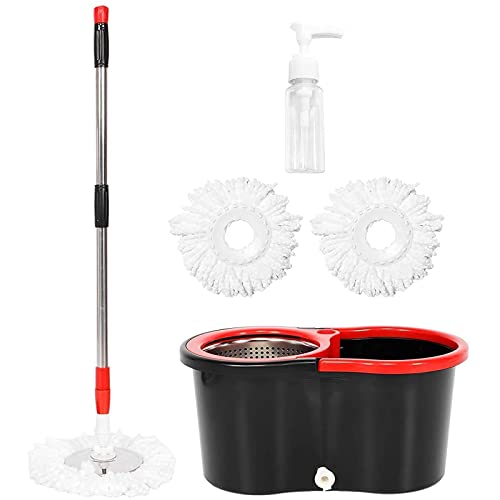 Mop and Bucket Set, 360° Spin Mop and Bucket with Wringer Set and 3 Microfiber Mop Refills, Stainless Steel 61" Extended Handle Spinning Mop Bucket System for Floor Cleaning - color: Black-1