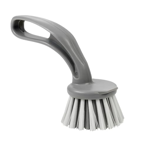 Grey – Kitchen Sink Scrub Brush – Round Bristle Head with Ergonomic Handle – Tough Cleaning Multipurpose Scrubber for Dishes, Pans, Basins & Surfaces – Scrub Brushes