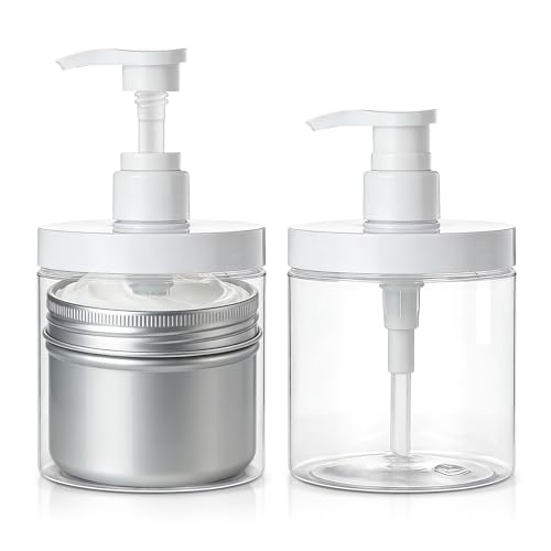Pump Bottle Dispenser for Conditioner,17 oz Refillable Clear Lotion Jar for Shower Hand Soap Shampoo,2 Pcs Wide Mouth Plastic Empty Container for Bathroom Kitchen
