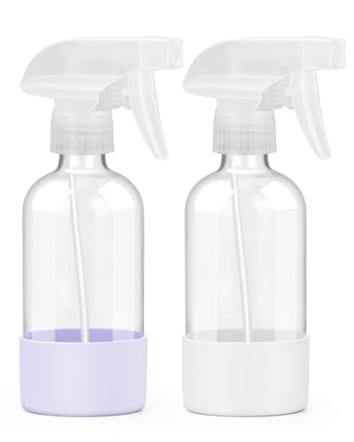 Worldgsb 2 Pack Glass Spray Bottles 8 oz, Empty Refillable Containers with Silicone Sleeve Protection, Glass Spray Bottles for Cleaning Solutions, Hair and Plants with Adjustable Nozzles White&Purple - color: White&Purple