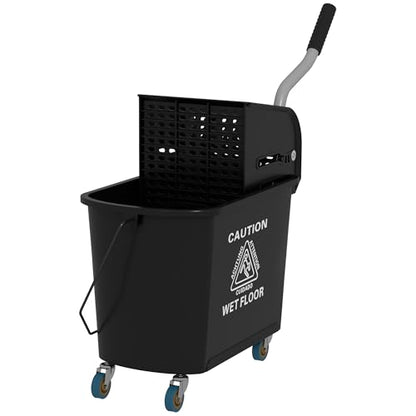 21 Quart Mop Bucket with Wringer on Wheels, Dual Water Cleaning Bucket with Separate Dirty and Clean Water, Rolling Commercial Floor Cleaning System (Black) - color: Black