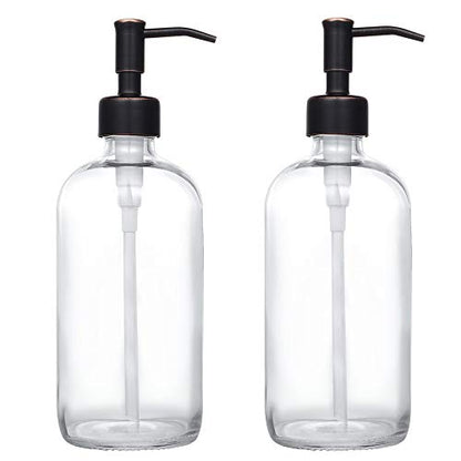 2 Pack Thick Clear Glass Pint Jar Soap Dispenser with Oil Rubbed Bronze Stainless Steel Pump, 16ounce Clear Boston Round Bottles Dispenser with Rustproof Pump for Essential Oil, Liquid Soap - color: Oil Rubbed Bronze