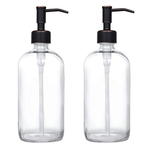 2 Pack Thick Clear Glass Pint Jar Soap Dispenser with Oil Rubbed Bronze Stainless Steel Pump, 16ounce Clear Boston Round Bottles Dispenser with Rustproof Pump for Essential Oil, Liquid Soap - color: Oil Rubbed Bronze
