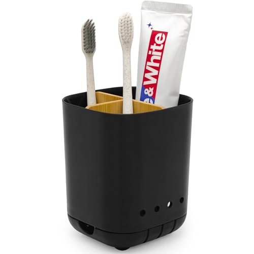Toothbrush Holder with Bamboo Divider,Detachable for Easy Cleaning Bathroom Countertop Organizer,Plastic 3 Slots Electric Toothbrush and Toothpaste Holders Storage Caddy for Bathroom Vanity,Sink-Black - color: Black