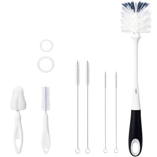 7 Pack Baby Bottle Brush Set, 12.7" Nylon Brush with Hidden Cleaner, 5.4" Nylon & 5.7" Sponge Nipple Brushes, 4 Straw Brushes, 2 Hanging Rings, BPA-Free, Black - color: Black