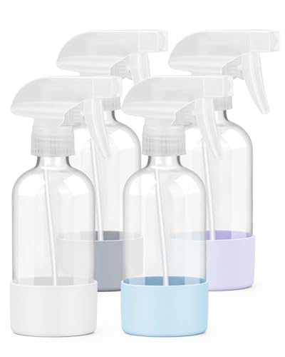 4 Pack Glass Spray Bottles 8 oz, Empty Refillable Containers with Silicone Sleeve Protection, Glass Spray Bottles for Cleaning Solutions, Hair and Plants with Adjustable Nozzles Blue+White+Purple+Grey - color: Blue+Grey+White+Purple
