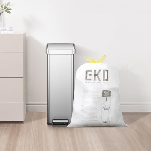 EKO 12.9 Gallon / 45-49 Liter, 110 Count Drawstring Trash Bags, Extra-Strong Unscented Garbage Bags, Easy-Dispense Roll for Kitchen & Household Use, Resists Tears, Leaks and Punctures, Code J, White - size: 110 Count (Pack of 1), style: 12.9 Gallon Bags/C