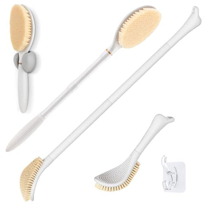 Foot Brush & Back Scrubber Set, 27.5'' Adjustable Foot Scrubber for Shower, 18.9'' Shower Back Scrubber with 3-Length Usage, Great Aid for People with Limited Mobility(White Set) - color: White+back Scrubber