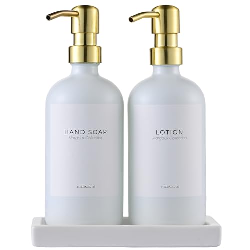 MaisoNovo Soap and Lotion Dispenser Set - Bathroom Soap Dispenser Set with White Soap Dispenser, Gold Pumps & Ceramic Tray - color: White Bottles/ Golden Pumps/ White Ceramic Tray