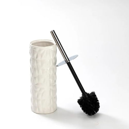 J&V TEXTILES Ceramic Toilet Brush, Toilet Bowl Brush with Extra Long Handle Durable Bristles Toilet Scrubber and Covered Holder for Toilet Brush Set for Bathroom Cleaning (Chrome/White) - color: Chrome/White