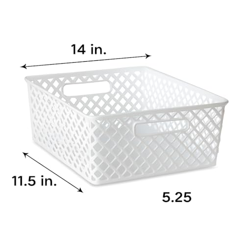 Medium Decorative Plastic Storage Basket, White Organizer Bin, 14 x 11.5 x 5.3 Inches for Home, Closet, Bathroom, Kitchen Organization