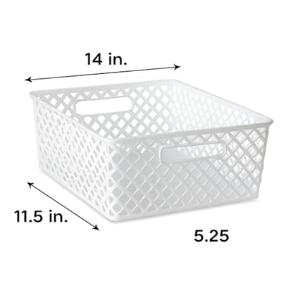 Medium Decorative Plastic Storage Basket, White Organizer Bin, 14 x 11.5 x 5.3 Inches for Home, Closet, Bathroom, Kitchen Organization