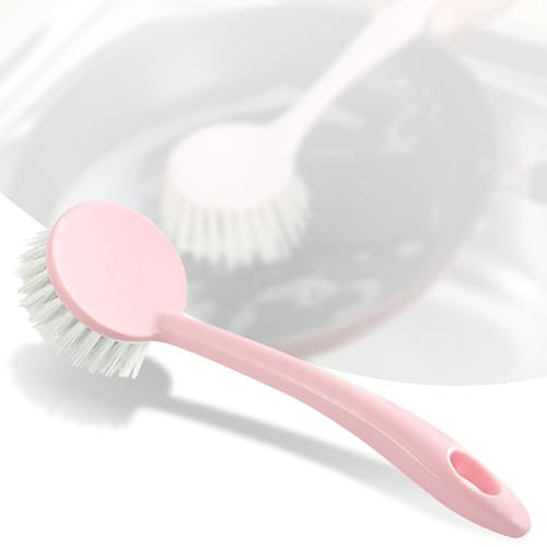 Dish Brush with Handle, Stiff Bristles Dish Scrubber Long Handle Kitchen Scrub Brush for Cleaning Dishes, Pots and Pans, Kitchen Sink (9.44x2.75 inches) - color: Pink 1pcs