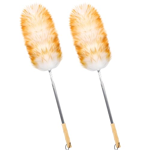 Lambswool Duster for Cleaning with Solid Wooden Handle Leather Hang Strap 87.8" Removable Retractable Feather Duster for Cleaning Ceiling Fans Window Blinds Interior Roof Furniture(2 Pack) - size: 87.8Inch