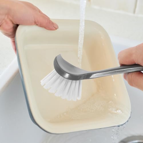 FRCOLOR 2Pcs Dish Scrub Brush with Long Handle Kitchen Cleaning Brush for Pots, Pans & Sink Non-Slip Scrubber with Hanging Hook for Easy Storage