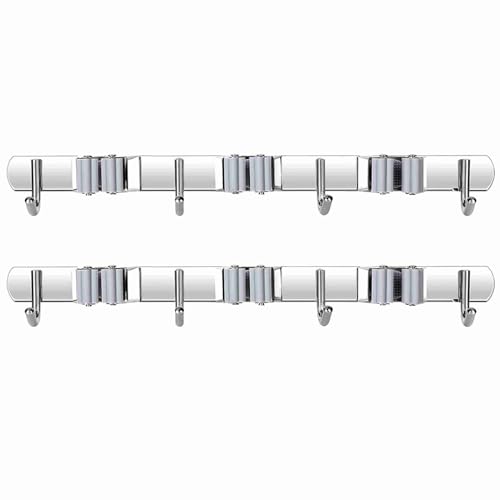Tool Holder,2 Pack 3 Clip 4 Hook Rack,Steel Anti Rust Wall Mount Multi Function Storage for Kitchen Bathroom Garden Household Cleaning Tool Organizing Accessories