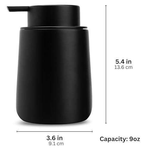 Matte Black Round Soap Dispenser for Kitchen & Bathroom – 9 oz Refillable Resin Pump Bottle for Dish Soap, Hand Soap, Shampoo, Conditioner – Modern Countertop Dispenser with Non-Slip Protective Pads - color: Black, style: Round Short Soap Dispenser