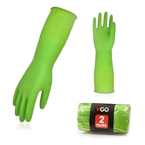 Vgo 2-Pairs Dishwashing Gloves, Reusable Household Gloves, Long Sleeve, Thick Latex, Cleaning, Washing, Working, Painting, Gardening, Pet Care (Size L, Green, RB2143)