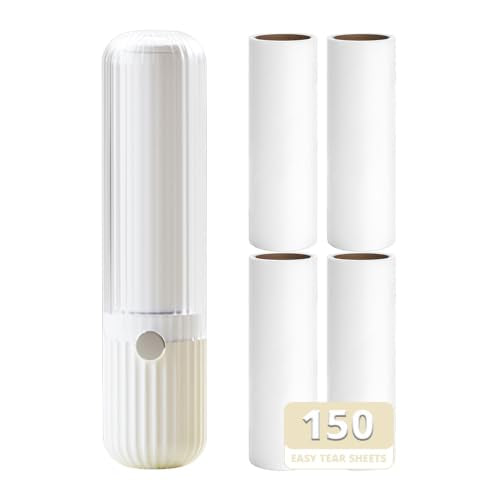 Compact Lint Roller with 150 Sheets - Portable Pet Hair Remover for Clothes, Furniture, Home & Travel - 1 Roller + 4 Refills (White) - color: White