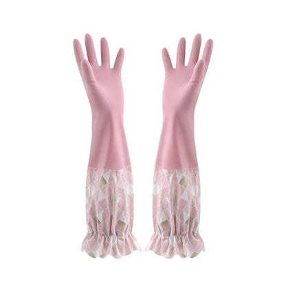 RARITYUS Household Kitchen Cleaning Gloves Waterproof Cotton Lined Dishwashing Non-Slip Long Cuff Gloves - color: Pink (Length 19.29'')