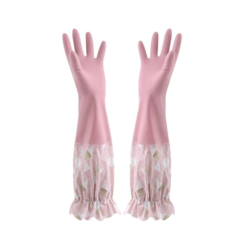 RARITYUS Household Kitchen Cleaning Gloves Waterproof Cotton Lined Dishwashing Non-Slip Long Cuff Gloves - color: Pink (Length 19.29'')
