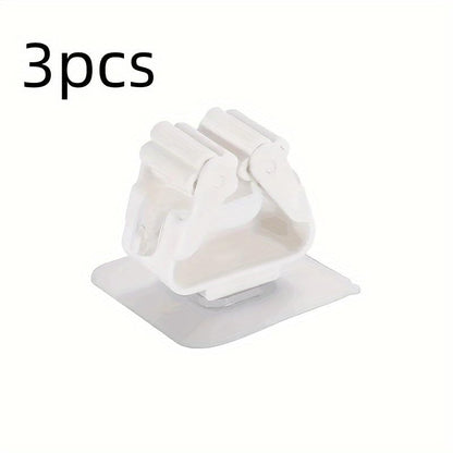 3PCS Mop Broom Holder Hook Wall Mounted Self Adhesive Detachable Non Slip Waterproof Broom Clip Organizer Bathroom Kitchen Garage, White - color: White
