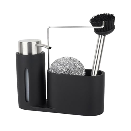 Artibetter 4 in 1 Cooking and Bathroom Storage Shelf with Soap Dispenser Set, Stainless Steel and Resin Cleaning Rack, Space-Saving Holder for Long Time Use in Black