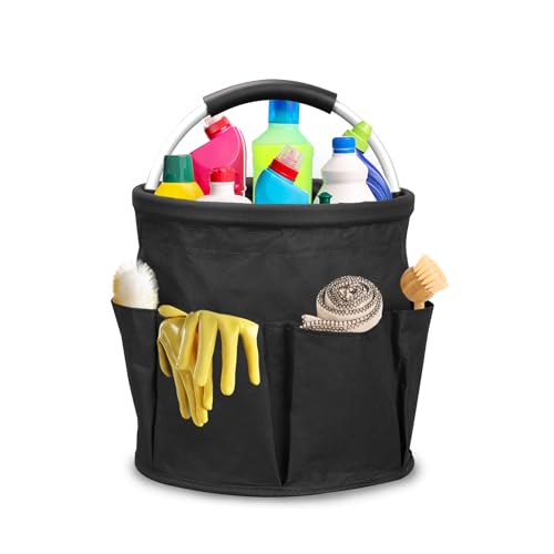 Qivine 17L Cleaning Caddy with Handle, Cleaning Supply Caddy Foldable Tool Bag Cleaning Products Organizers Portable Cleaning Bucket Organiser for Storing Towels (Black) - color: Black