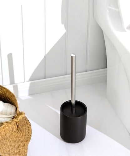 Ceramic Toilet Brush & Holder Set - Freestanding Deep-Cleaning Toilet Bowl Cleaner Brush, Stainless Steel Handle, Small & Sturdy for Storage, Easy to Clean, Non-Scratching - color: Matt Black