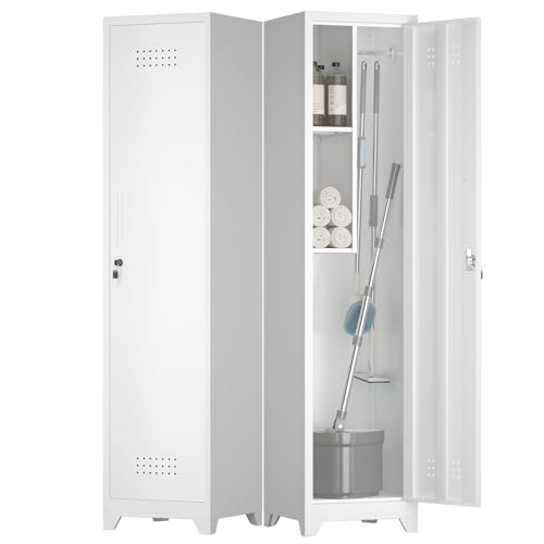 Slim Broom Closet Storage Cabinet, 65" H Metal Cabinets with Lock and Shelves & S-Hooks, Utility Closet, Narrow Storage Cabinets for Home Office, Pantry, Bathroom, Garage, White - color: White, size: 65''H-1 door