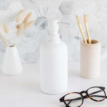 Matte White Round Soap Dispenser for Kitchen & Bathroom – 15 oz Refillable Resin Pump Bottle for Dish Soap, Hand Soap, Shampoo, Conditioner – Modern Countertop Dispenser with Non-Slip Protective Pads - color: White, style: Round Soap Dispenser