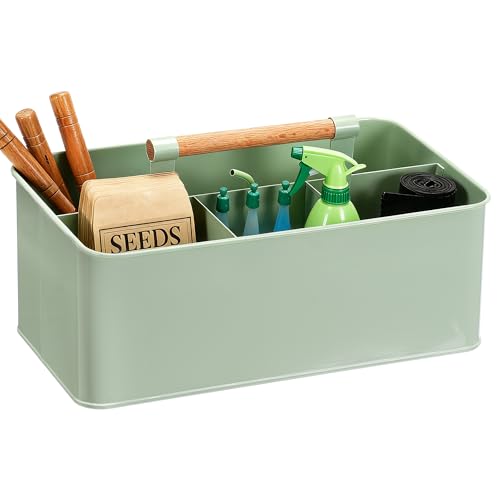 Gardening Tool Caddy, Garden Tool Basket with 4 Compartments, Metal Garden Caddy with Wooden Handle for Indoor & Outdoor - color: Green