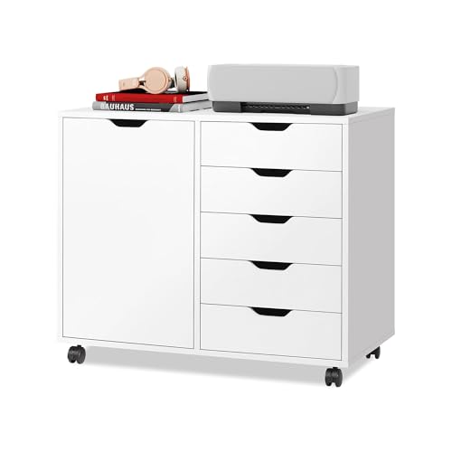 DEVAISE 5-Drawer Wood Drawer Cabinet, Office Storage Cabinet with Adjustable Shelf & Wheels, Printer Stand for Home Office, White - color: White