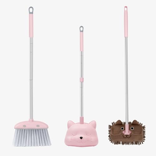 28'' Kids Mini Broom with Dustpan & Mop Set - Toddler Cleaning Toy, Toddler Household Helper, Parent-Child Interactive Play Cleaning Tool, Cute Cartoon Design, Small Safe Corner Broom (Pink) - color: Pink, size: Broom Set & Mop