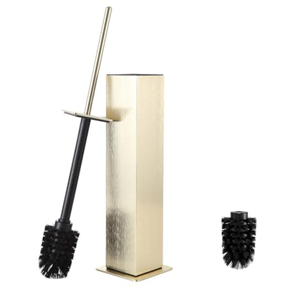 BVL Toilet Brush and Holder Floor Standing, Brushed Gold with 2 Replaceable Heads, Bathroom Toilet Brush, Freestanding Toilet Bowl Brush with Removable Liner and Splash Guard - color: Brushed Gold-standing