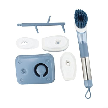 FABULETTA Kitchen Cleaning Brush with Soap Dispenser, Long Handle Dish Scrubber for Pots Pans, Automatic Detergent Dispensing Scouring Pad, Stainless Steel Sponge Brush for Sink(Blue)