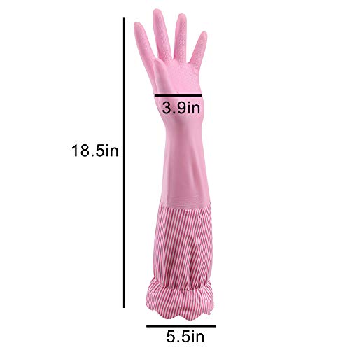 RARITYUS Household Kitchen Cleaning Gloves Waterproof Cotton Lined Dishwashing Non-Slip Long Cuff Gloves - color: A Pink