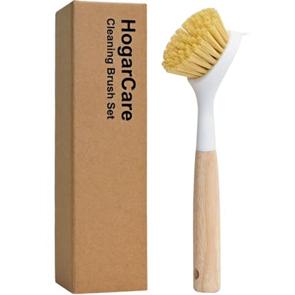 Dish Brush with Handle Wood Built-in Scraper, Scrub Brush for Pans, Pots, Saucepan, Kitchen Brushes for Sink and Stove, Yellow